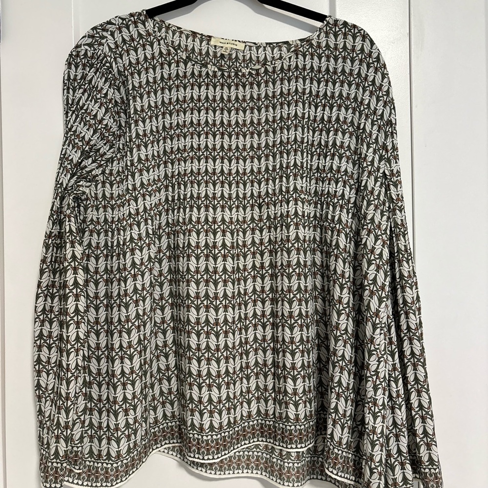 Max Studio Geometric Brown & White Long Sleeve Shirt Top Blouse Women's Size XL‎